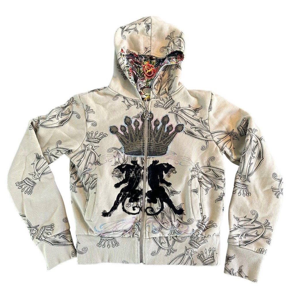 Christian Audigier Ed Hardy Panther Crown Reversible Full Zip Hoodie Jacket S